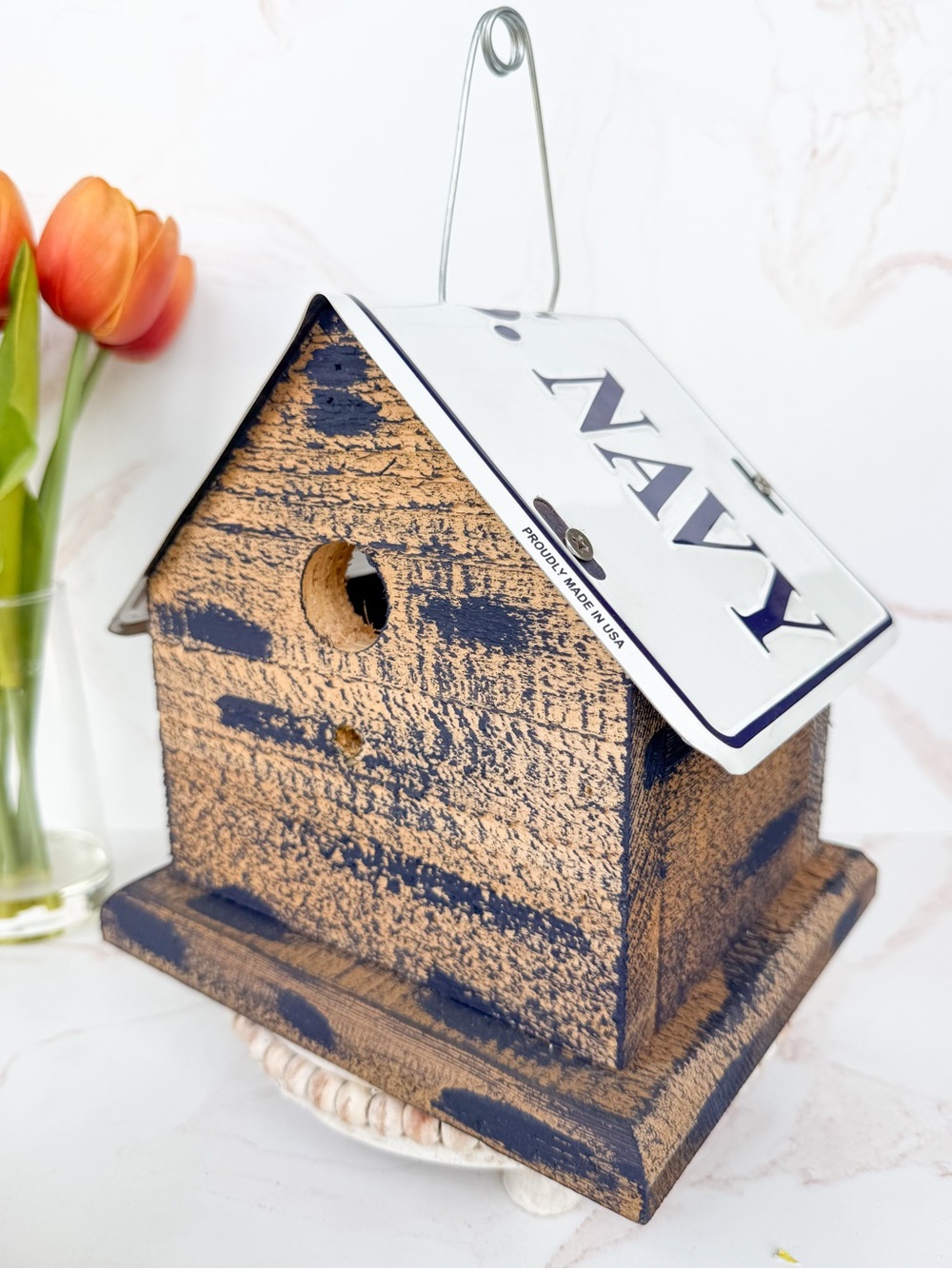 Handmade US Navy License Plate Roof Painted Wood Birdhouse - Americana Military